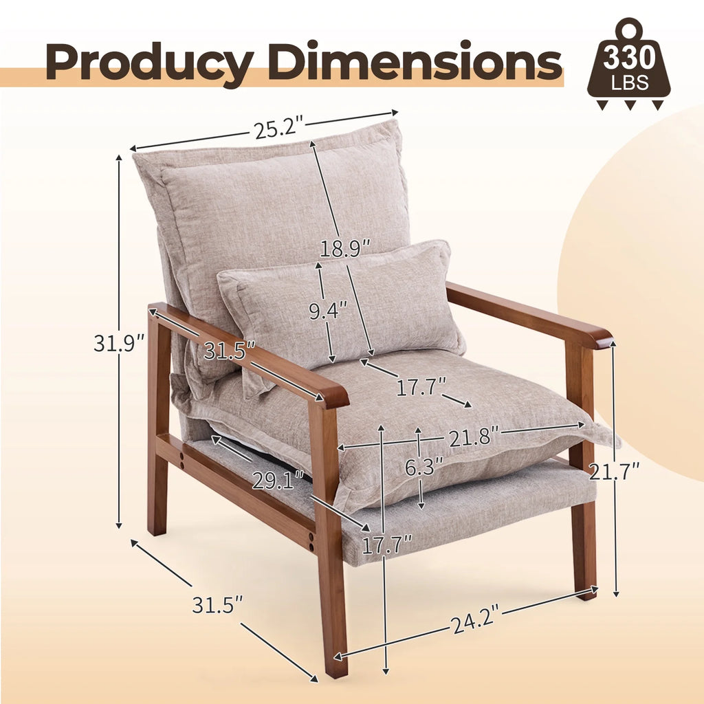 Ktaxon Chenille Accent Chair, Solid Wood Armrests Armchair, Metal Frame for Stability, Single Sofa with Comfortable Cushions and Lumbar Pillow Beige
