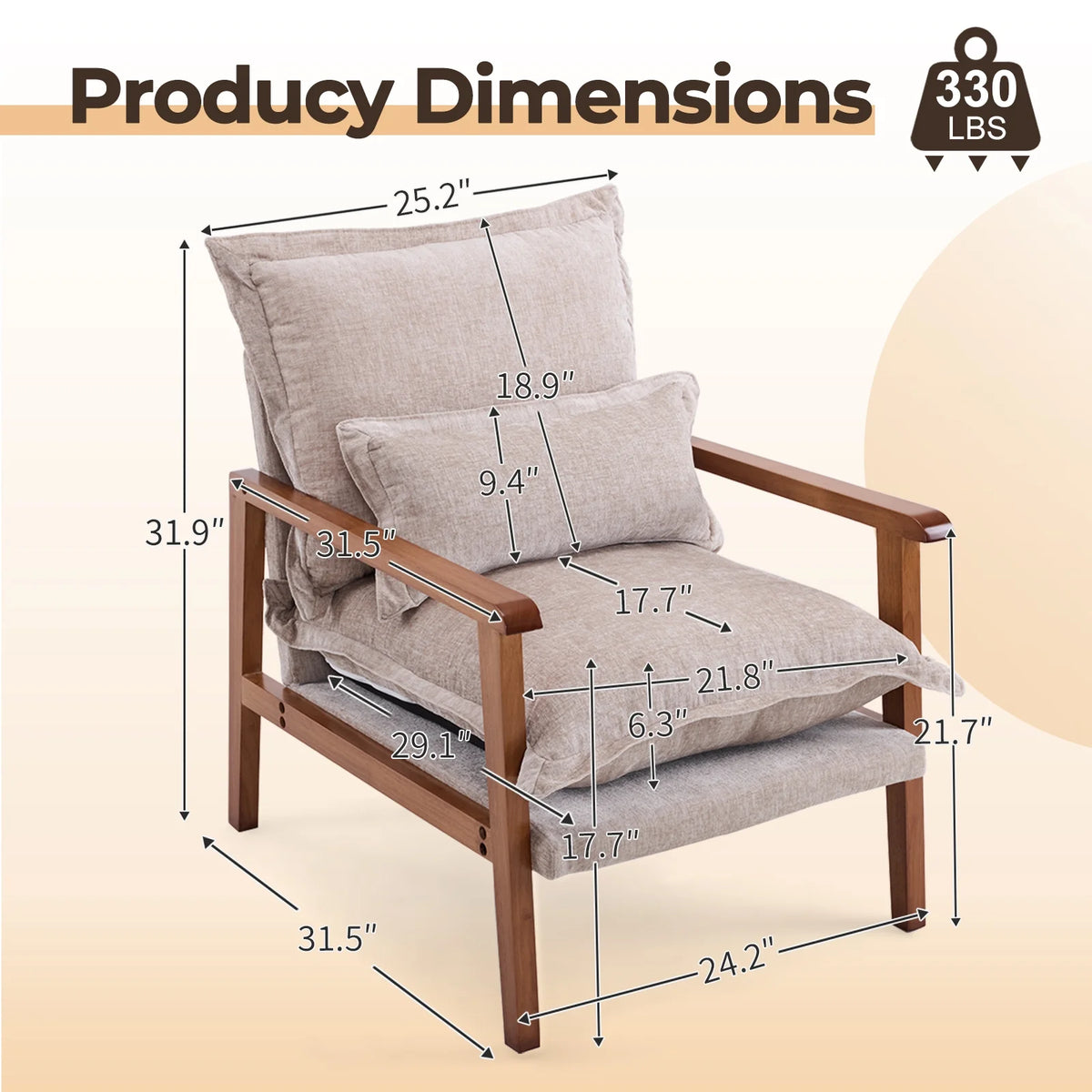 Ktaxon Chenille Accent Chair, Solid Wood Armrests Armchair, Metal Frame for Stability, Single Sofa with Comfortable Cushions and Lumbar Pillow Beige