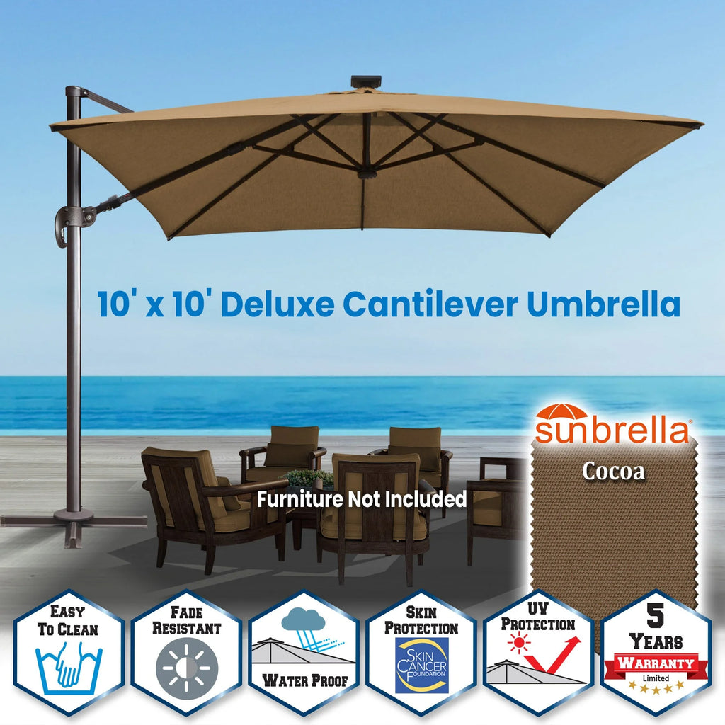 SUNRISEUMBRELLA Square 10'x10' Deluxe Roma square cantilever umbrella, With LED light(Heather Beige)