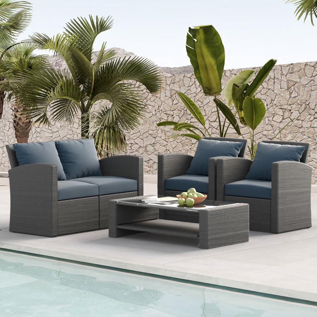 7 Piece Patio Furniture Sets Outdoor Sectional PE Rattan Outdoor Furniture Patio Conversation Set with Cushions and Glass Coffee Table, for Balcony Lawn and Garden, Gray