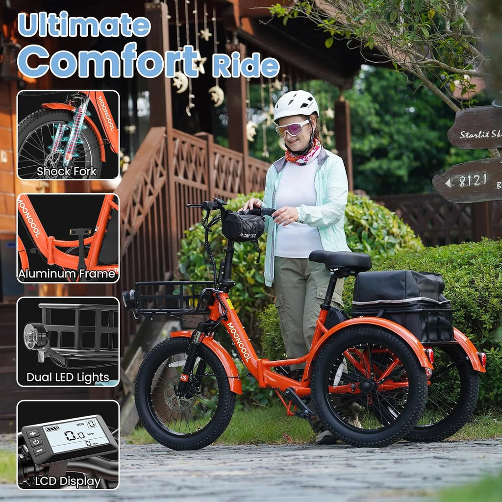 MOONCOOL TK1 Folding Electric Tricycle for Adults,48V 14.5Ah Removable battery, 500W（Peak 1000w）Motor, 20" Fat Tire Step-Thru 3Wheel Electric Bicycle w/Front&Rear Baskets, Certified to UL 2849 by SGS