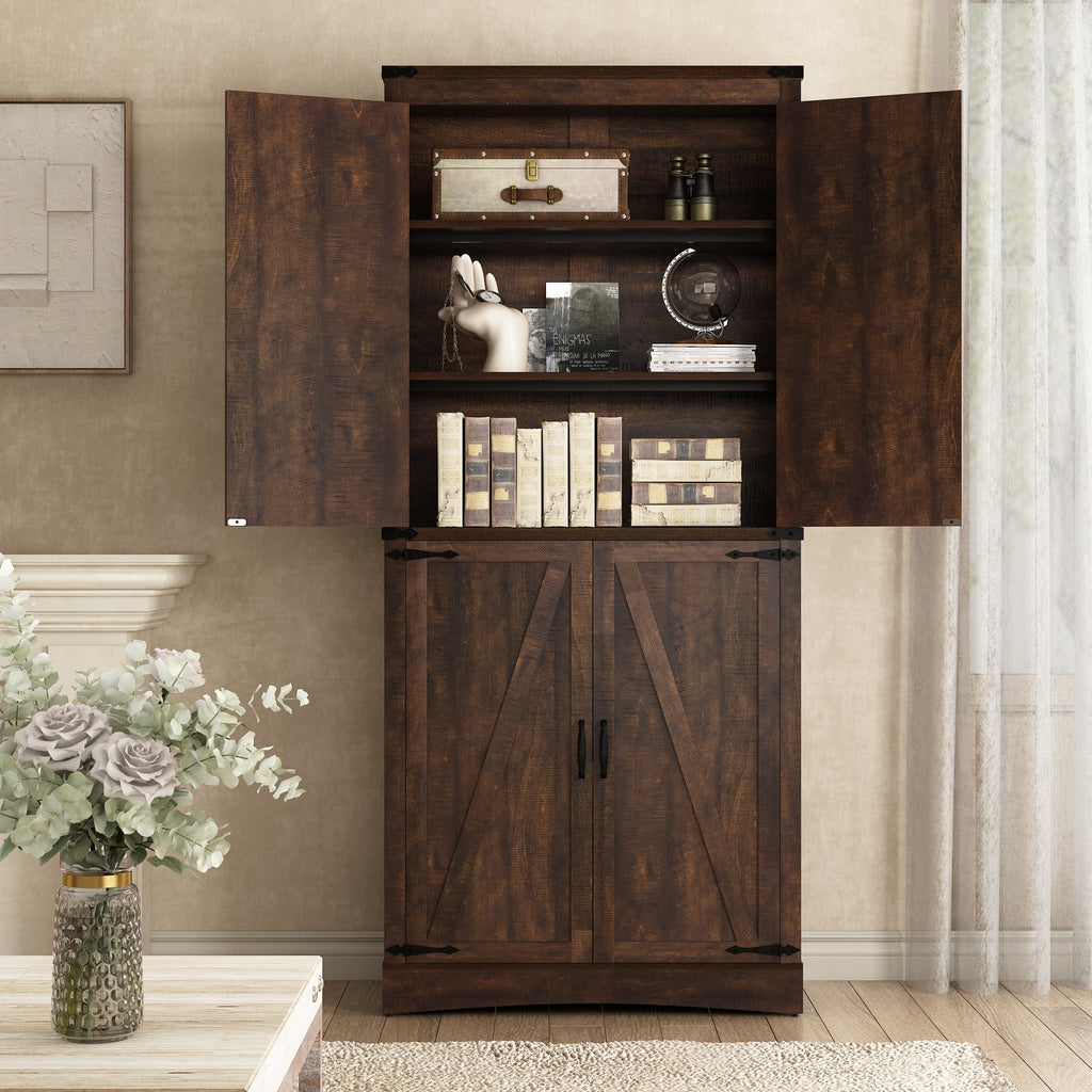 71" Tall Farmhouse Kitchen Pantry Cabinet, 5 Layers Storage Cabinet with Adjustable Shelves, Farmhouse Pantry Cabinet with 4 Barn Doors for Kitchen, Dining Room, Bathroom, Living Room, Rustic White