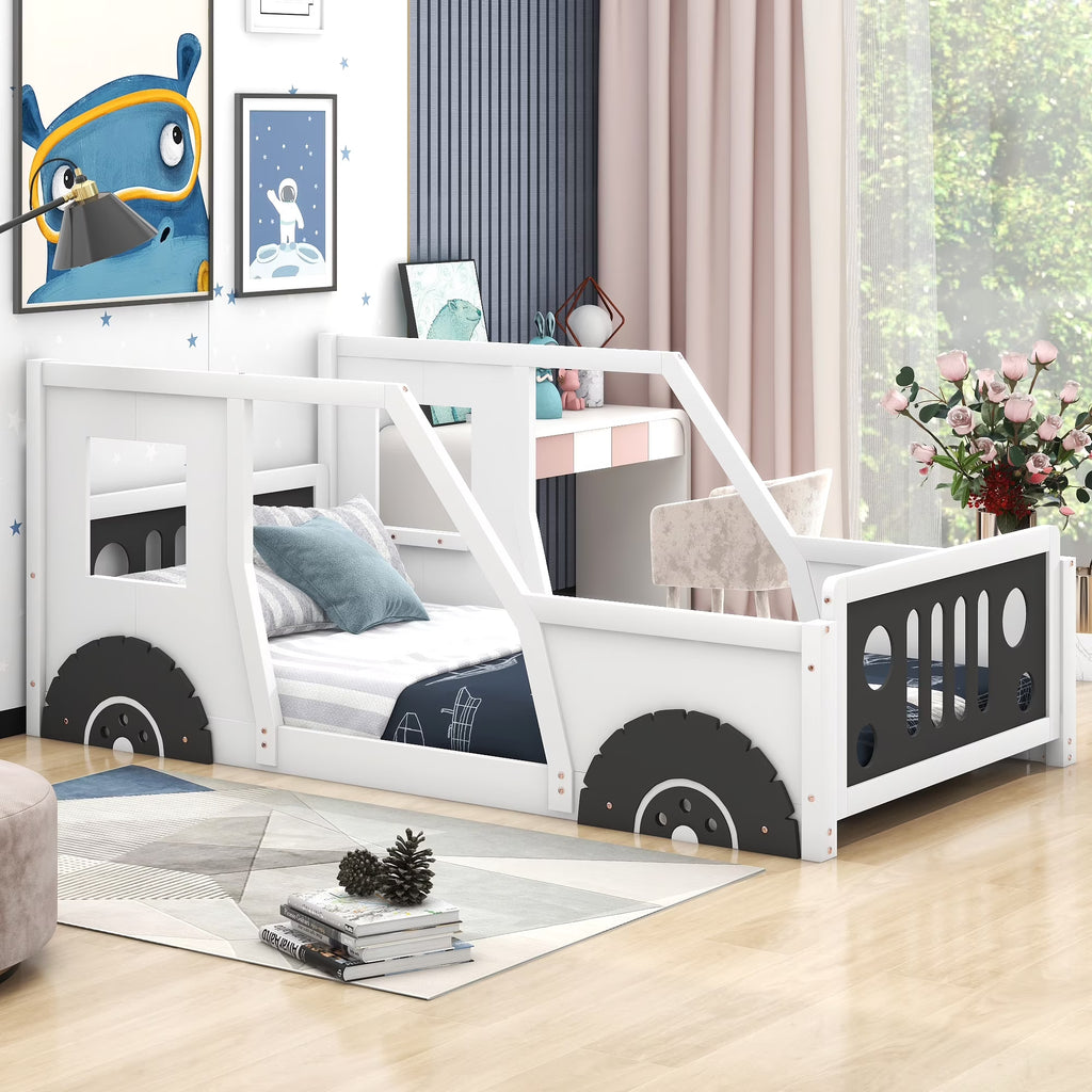 Euroco Car-Shaped Full Size Wood Platform Bed for Kids�� Bedroom, Solid Car Bed for Kids Gift, Low Profile, Blue