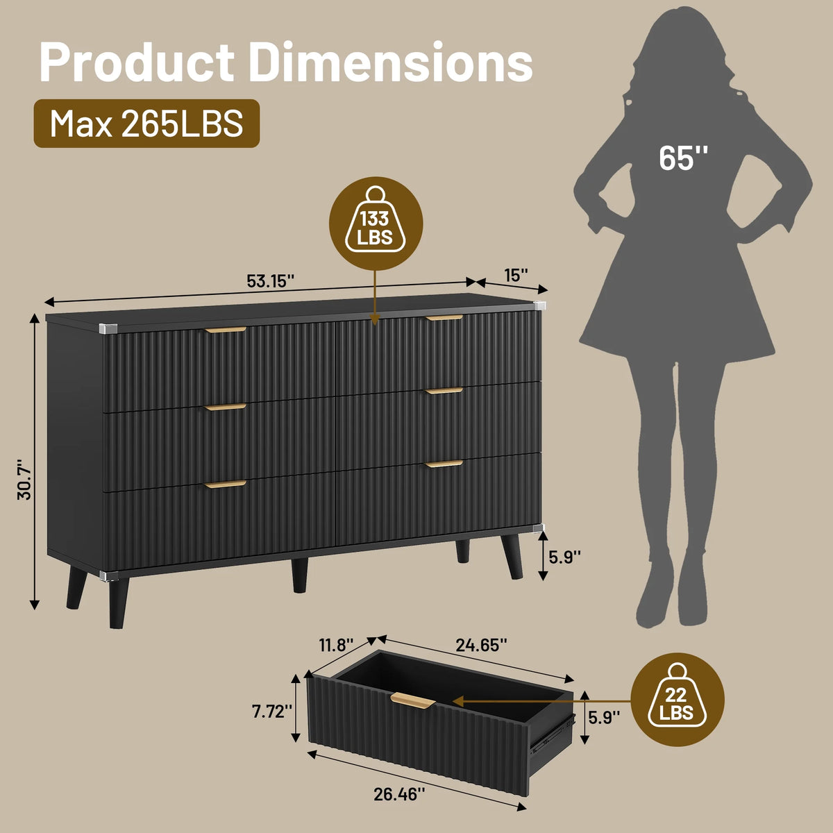 GIKPAL Bedroom Dresser and Nightstand 3 Piece Set - Includes Boho Double 6 Drawer Storage Dresser, Nightstand Set of 2 with Charging Station, Modern Bedroom Set, Natural