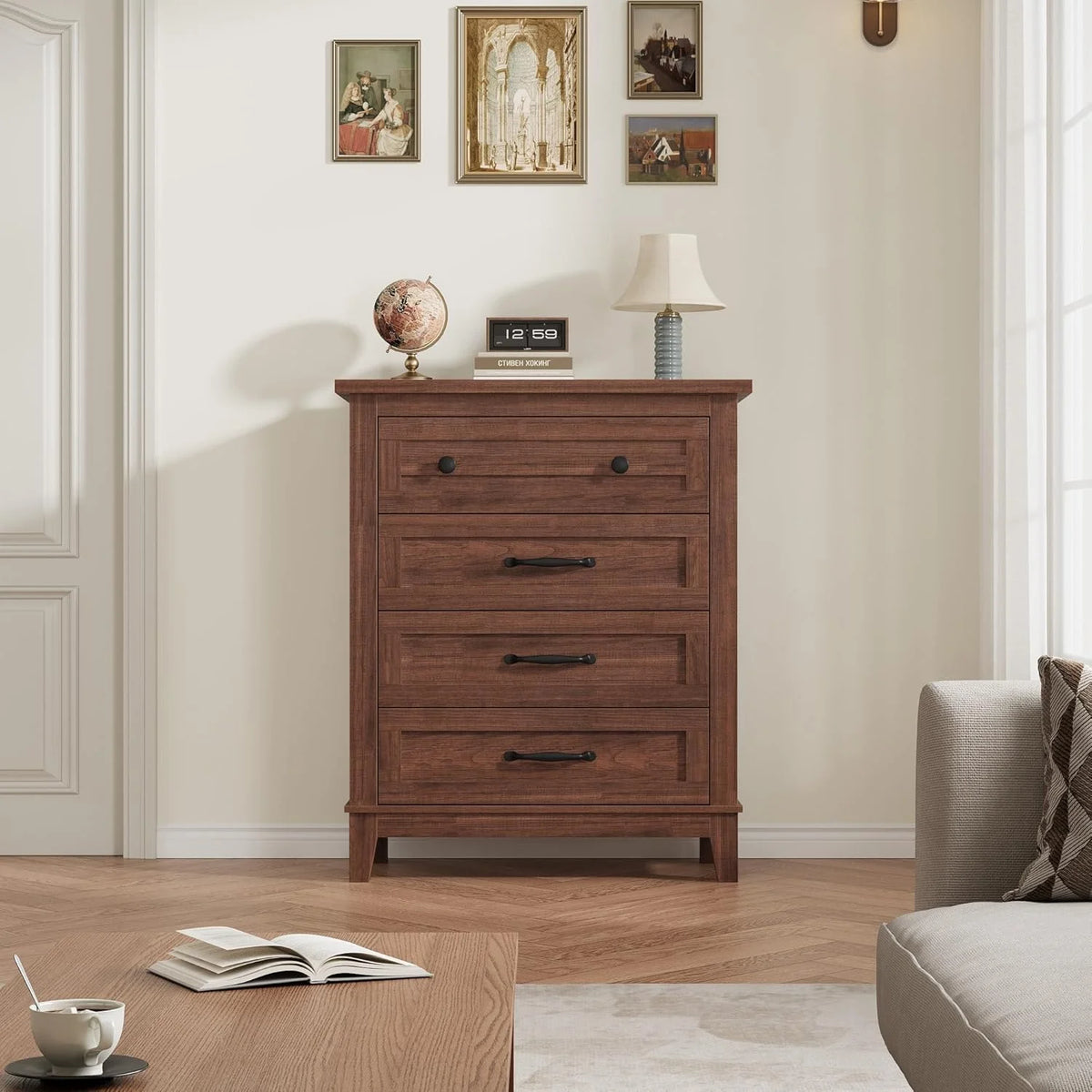 4 Drawer Dresser for Bedroom,34.8" Tall Bedroom Dresser with Large Drawer& Black Handles,Wooden Storage Organizer Cabinet Chest of Drawer for Living Room,Hallway