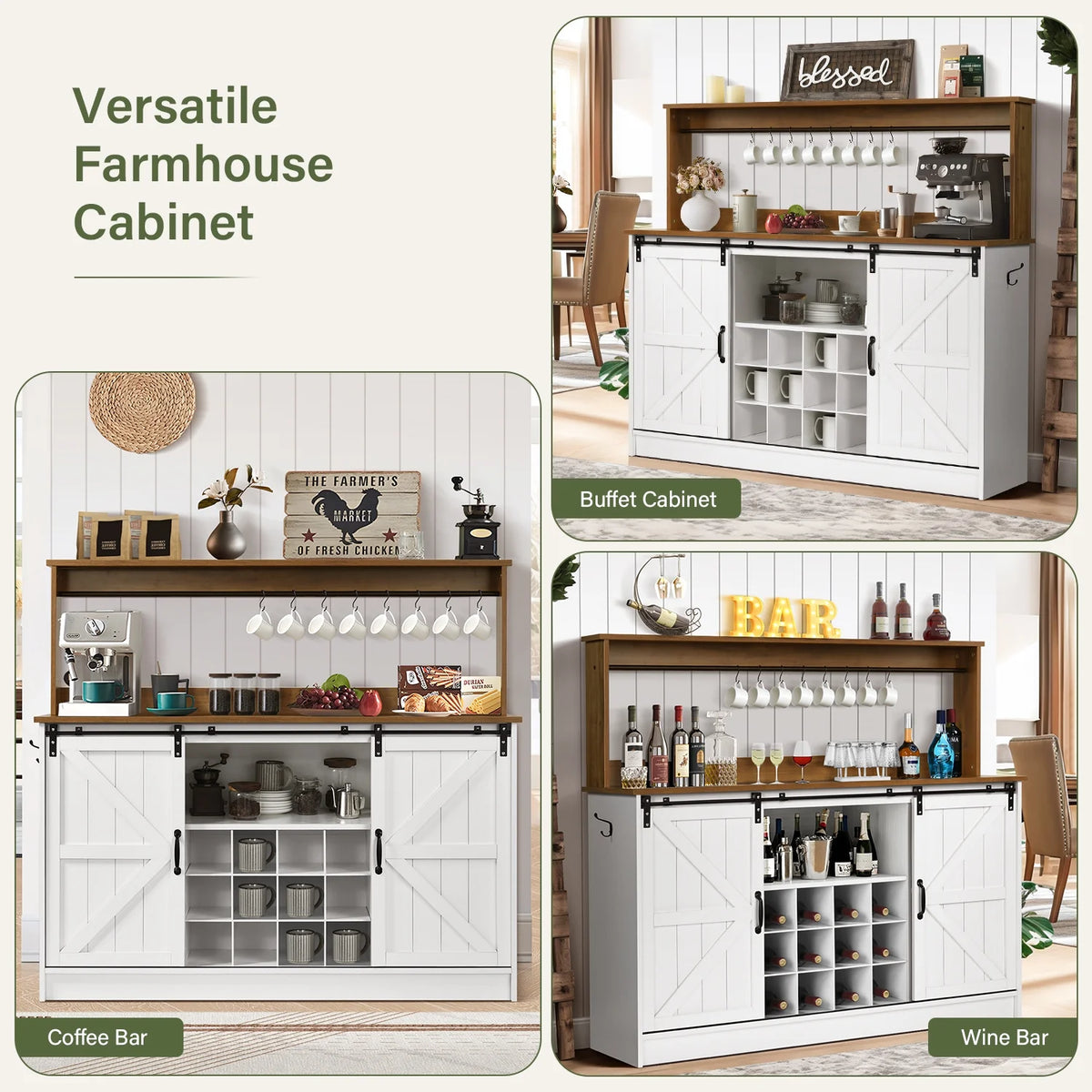 DreamCurship 55" Farmhouse Coffee Bar Cabinet, Buffet Sideboard Storage Cabinet, Wine Bar Cabinet with Wine Rack, White