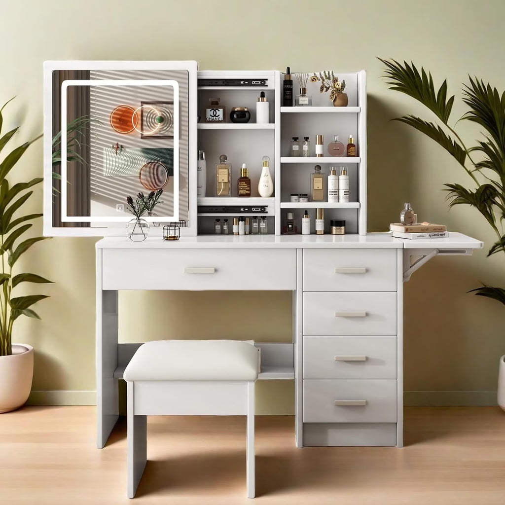 Montary Modern Mini Vanity w/Adjustable LED Mirror + Hidden Storage, Padded Stool & Dustproof Shelves (White)