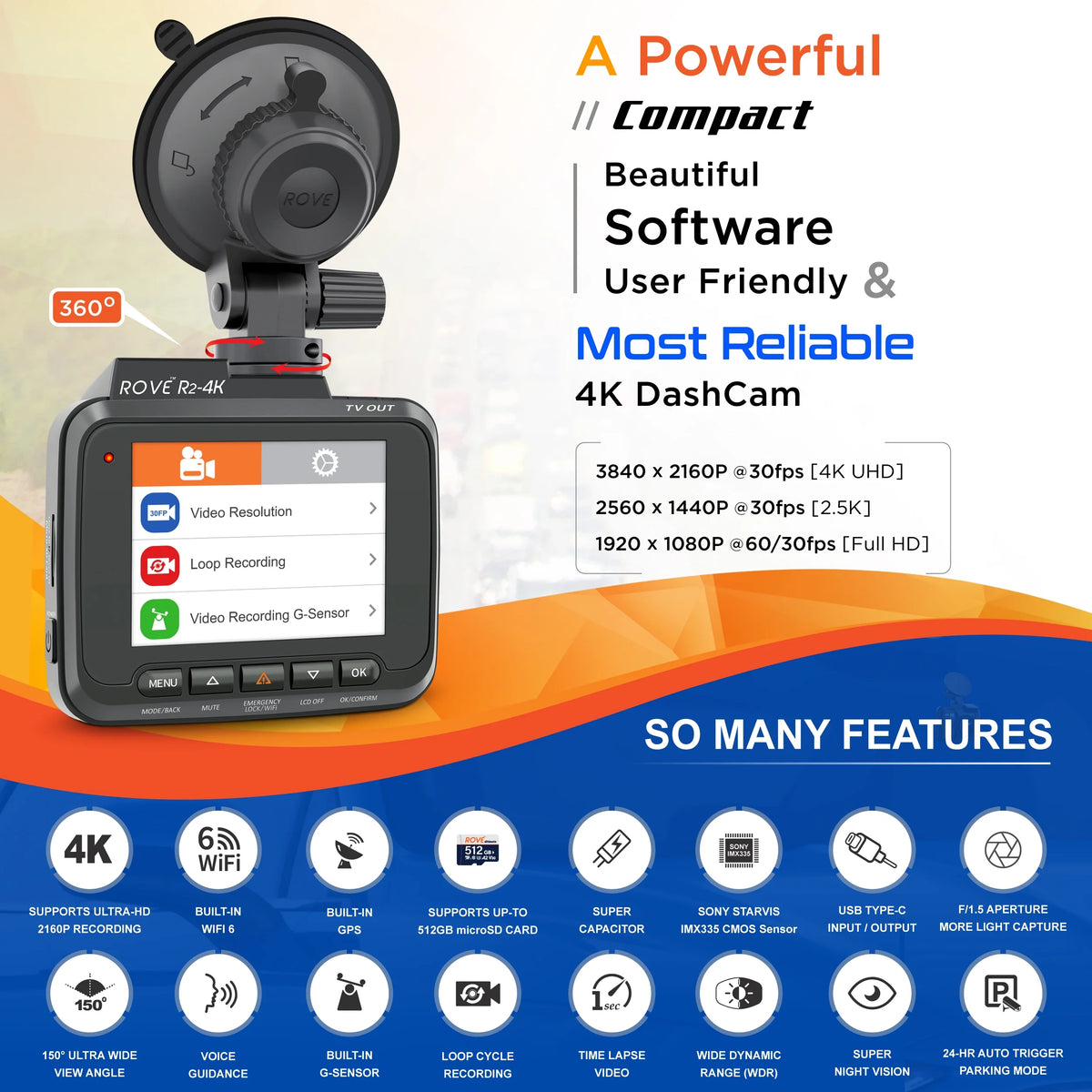 ROVE R2-4K Dash Cam Built-in WiFi 6 GPS Car Dashboard Camera Recorder with UHD 2160P, 2.4" IPS Screen, 150�� Wide Angle, WDR, Night Vision