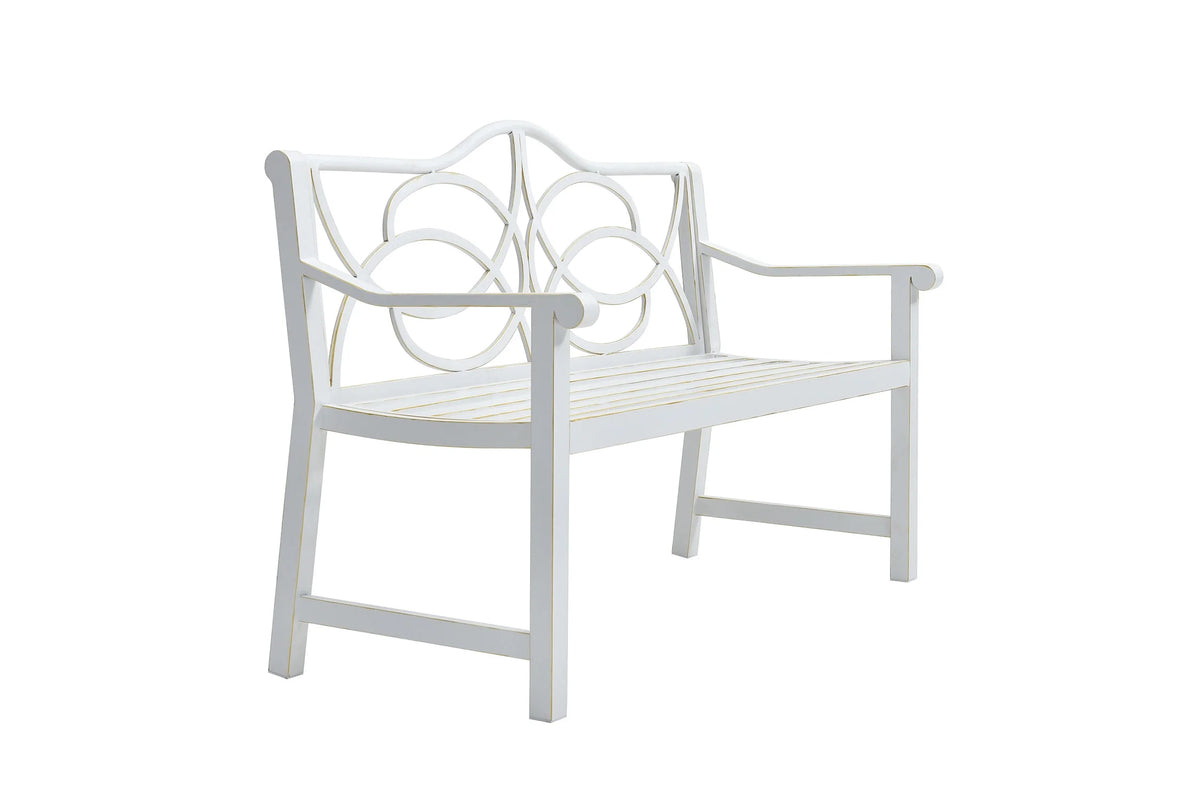 Royard Oaktree Outdoor Patio Bench, Garden Bench with Iron Metal Steel Frame, Backrest, and Armrests, Park Bench with Slatted Seat for 2-3 People for Lawn, Yard, Balcony, Porch, White