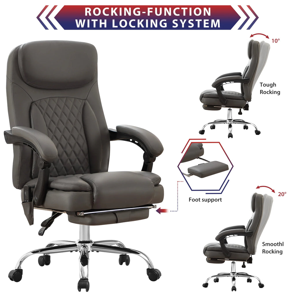 JONPONY Big and Tall Office Chair 500LBS Executive Office Chair Massage and Footrest Ergonomic Computer Desk Chair Reclining High Back Leather Office Chair Lumbar Back Support Swivel Rolling,Black