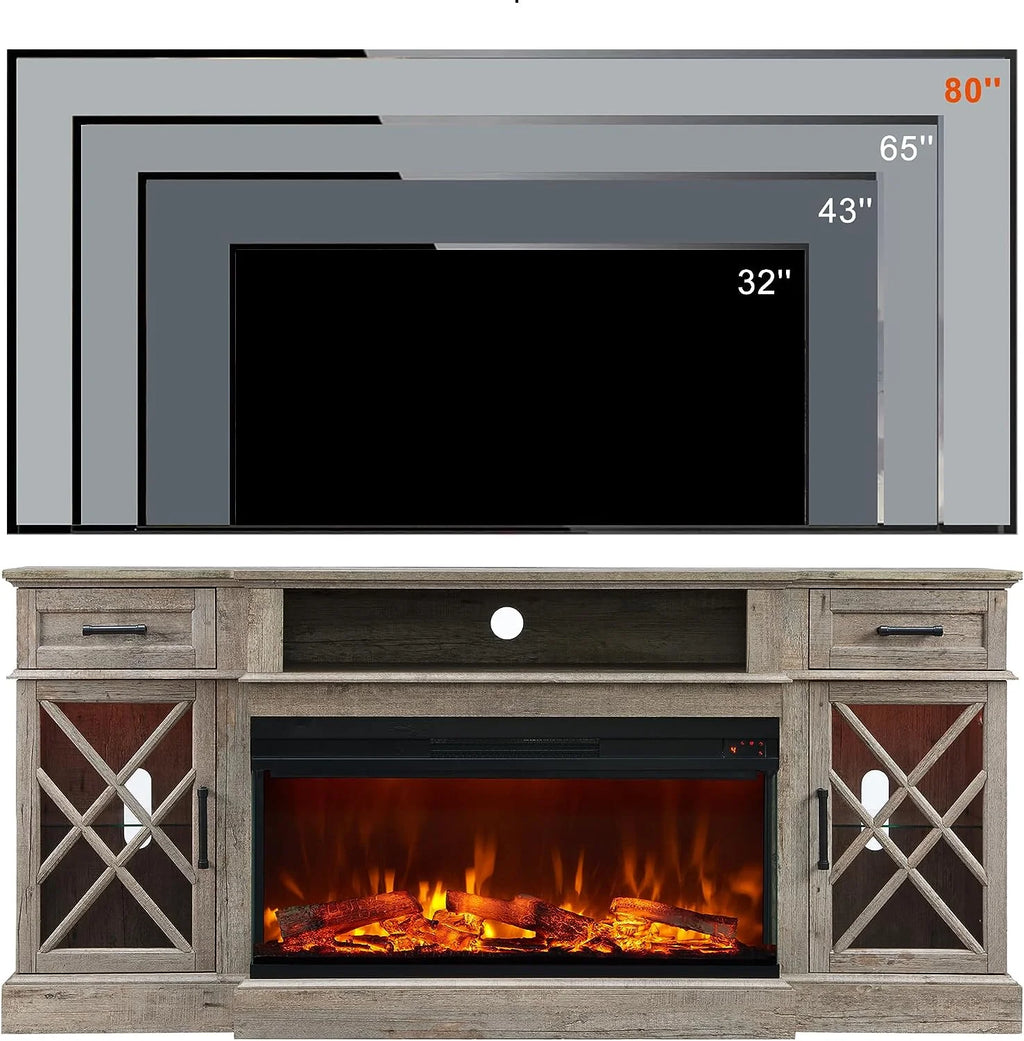 OKD Farmhouse 3-Sided Fireplace TV Stand for 80" TVs, 70" Entertainment Center with Electric Fireplace and Storage Drawers, Antique White