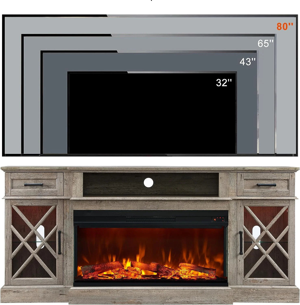 OKD Farmhouse 3-Sided Fireplace TV Stand for 80" TVs, 70" Entertainment Center with Electric Fireplace and Storage Drawers, Antique White
