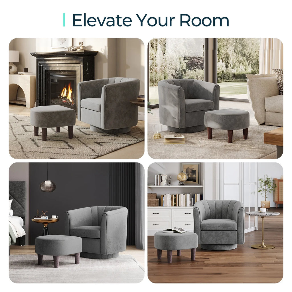 LINSY HOME Swivel Accent Chair with Ottoman, Velvet Barrel Chair for Living Room, Blue