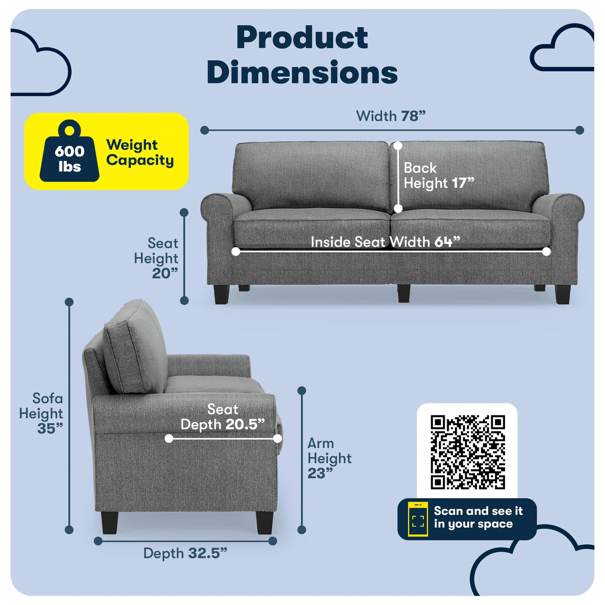 Serta Copenhagen 78" Rolled Arm Sofa with Removable Covers Dark Brown