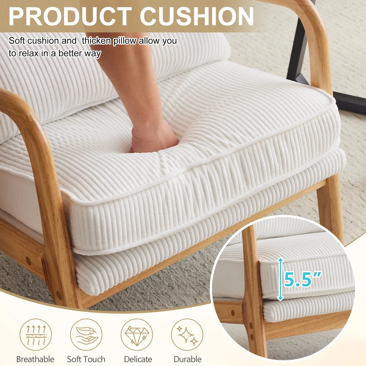 Ktaxon Accent Chair Corduroy Upholstered Armchair, Reading Club Chair with Pillow and Solid Wood Frame for Living Room Bedroom Furniture Off White