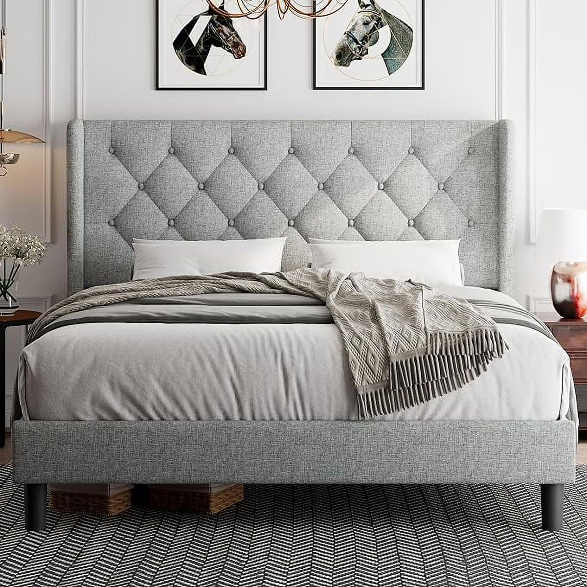 iPormis Full Size Bed Frame with Diamond Button Tufted Wingback Headboard, Upholstered Platform Bed Frame with Strong Wood Slat Support, No Box Spring Needed,Black