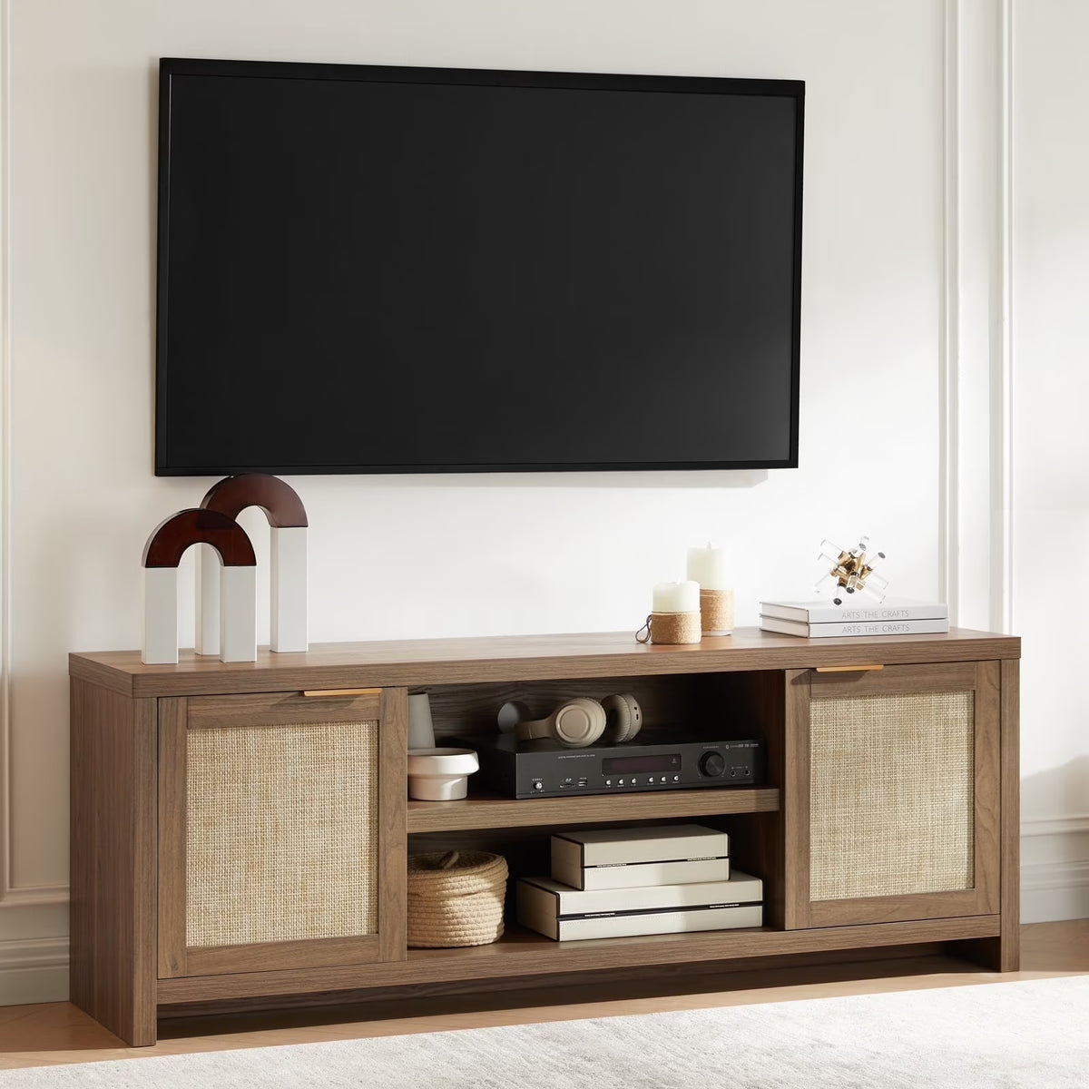 OAKHAM Rattan Tv Stands for 65 Inch Tv, Modern Farmhouse Entertainment Center, TV Console Table with Storage, Wood Media Console with Cabinet, Special Walnut