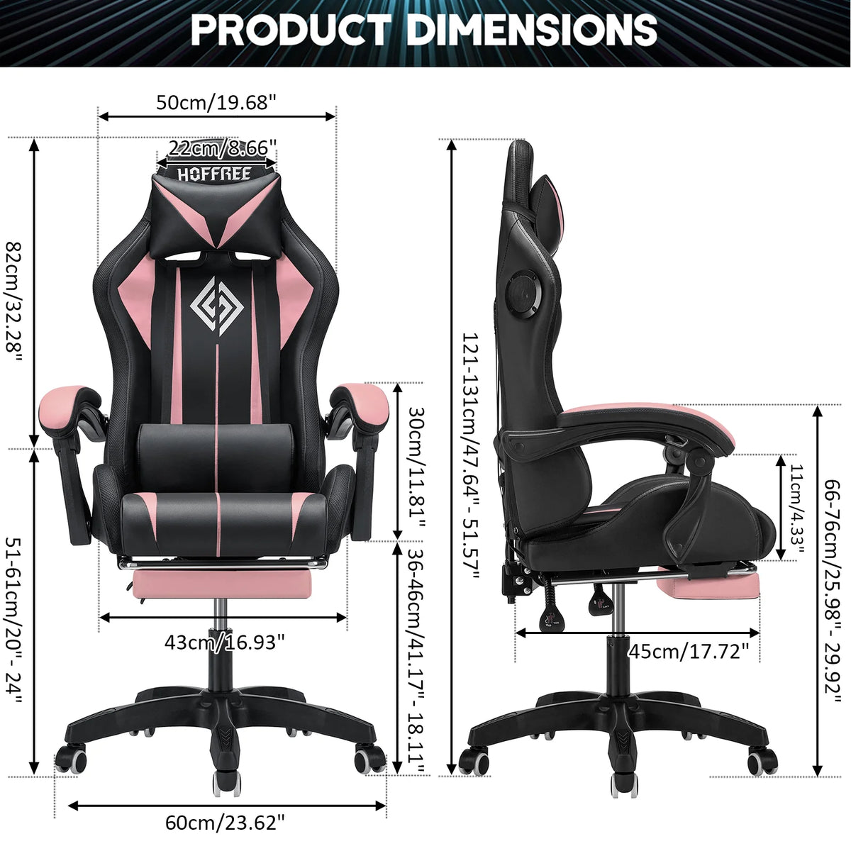 Hoffree Gaming Chair with Bluetooth Speakers and Footrest Massage Office Chair with LED Lights Ergonomic Game Chair High Back with Lumbar Support and Headrest Adjustable Swivel for Adults 300lb