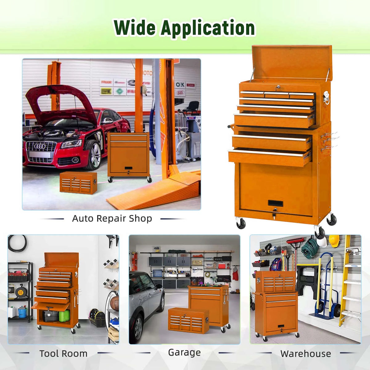 Aukfa Tool Chest, 2 in 1 Steel Rolling Tool Box & Cabinet On Wheels for Garage, 8-Drawer, Orange