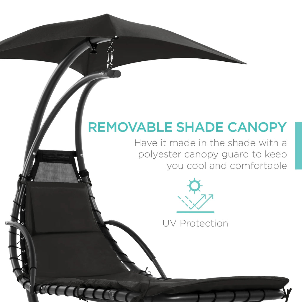Best Choice Products Hanging Curved Chaise Lounge Chair Swing for Backyard, Patio w/ Pillow, Shade, Stand - Teal