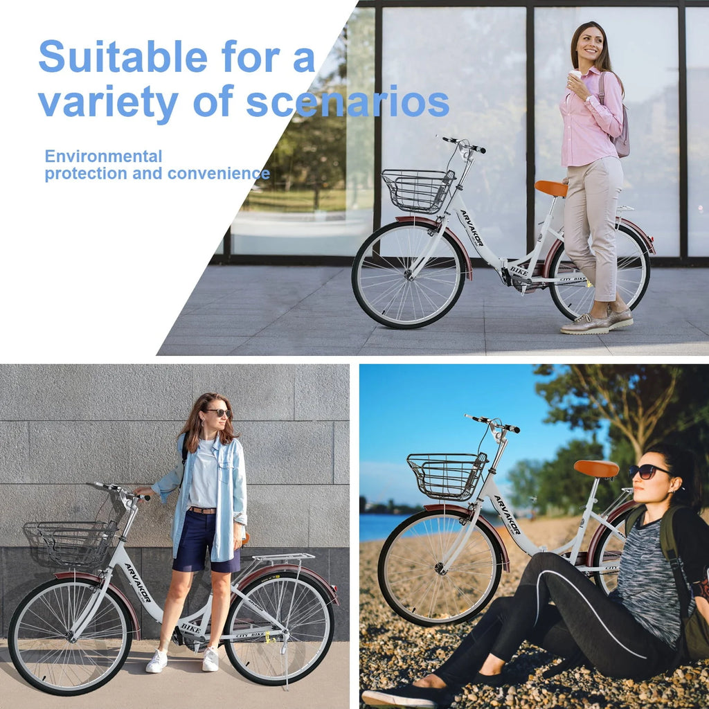 26 Inch Women Bike, Classic Bicycle Retro Bicycle, Cruiser Bike, White