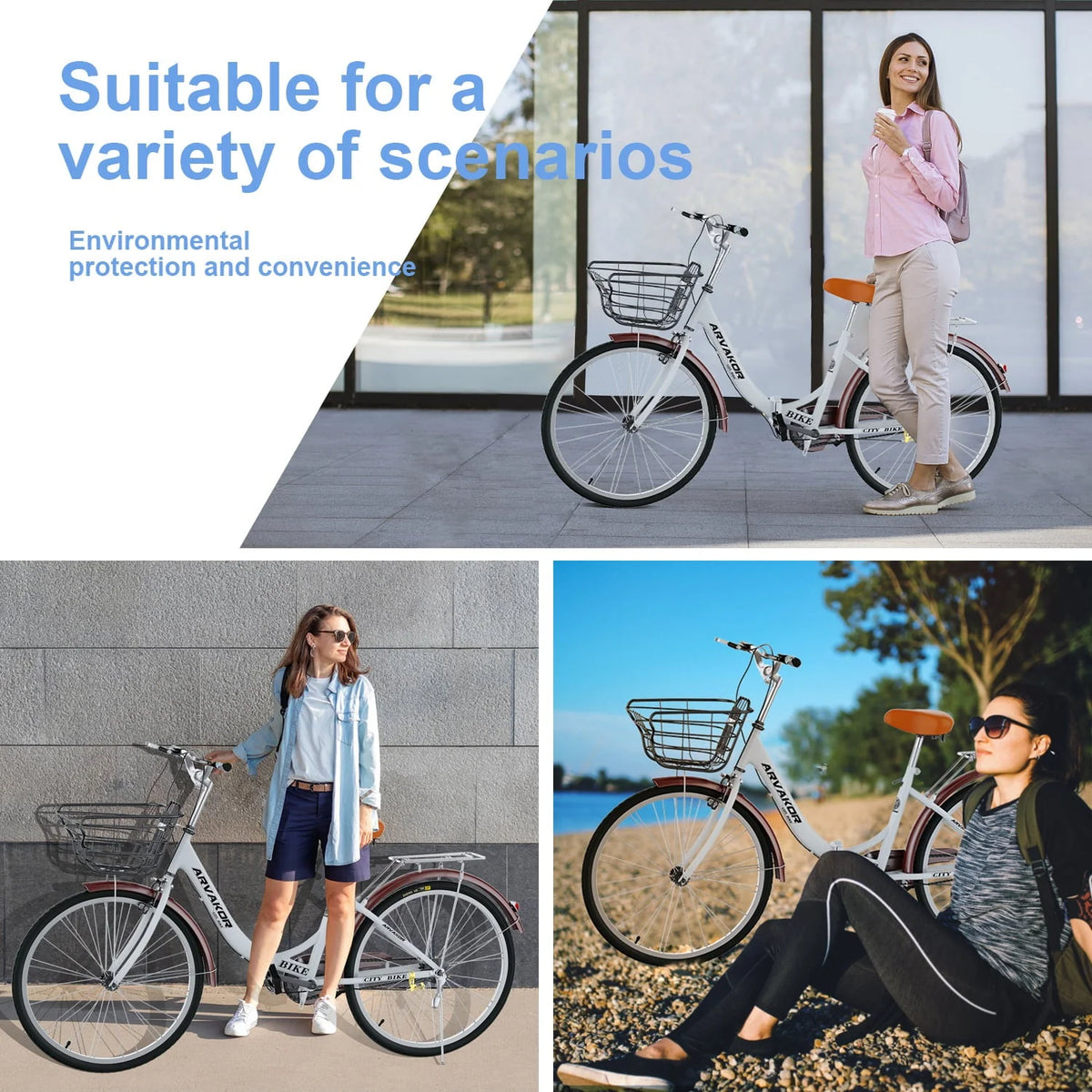 26 Inch Women Bike, Classic Bicycle Retro Bicycle, Cruiser Bike, White