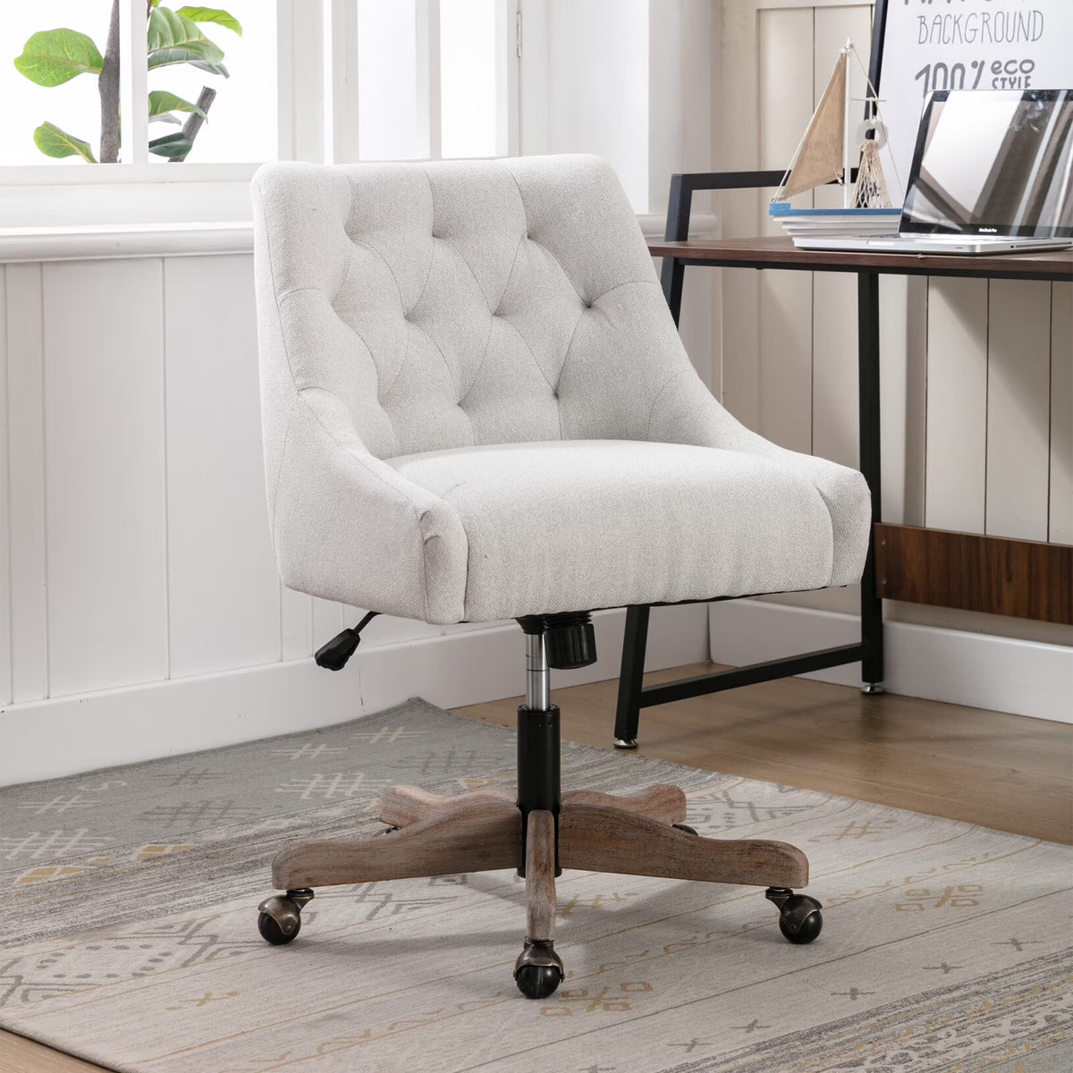 360 Degree Swivel Office Desk Chair, Upholstered Leisure Vanity Chair with Solid Wood Base and Wheels, Adjustable Height Computer Chair for Bedroom Living Room, Brown
