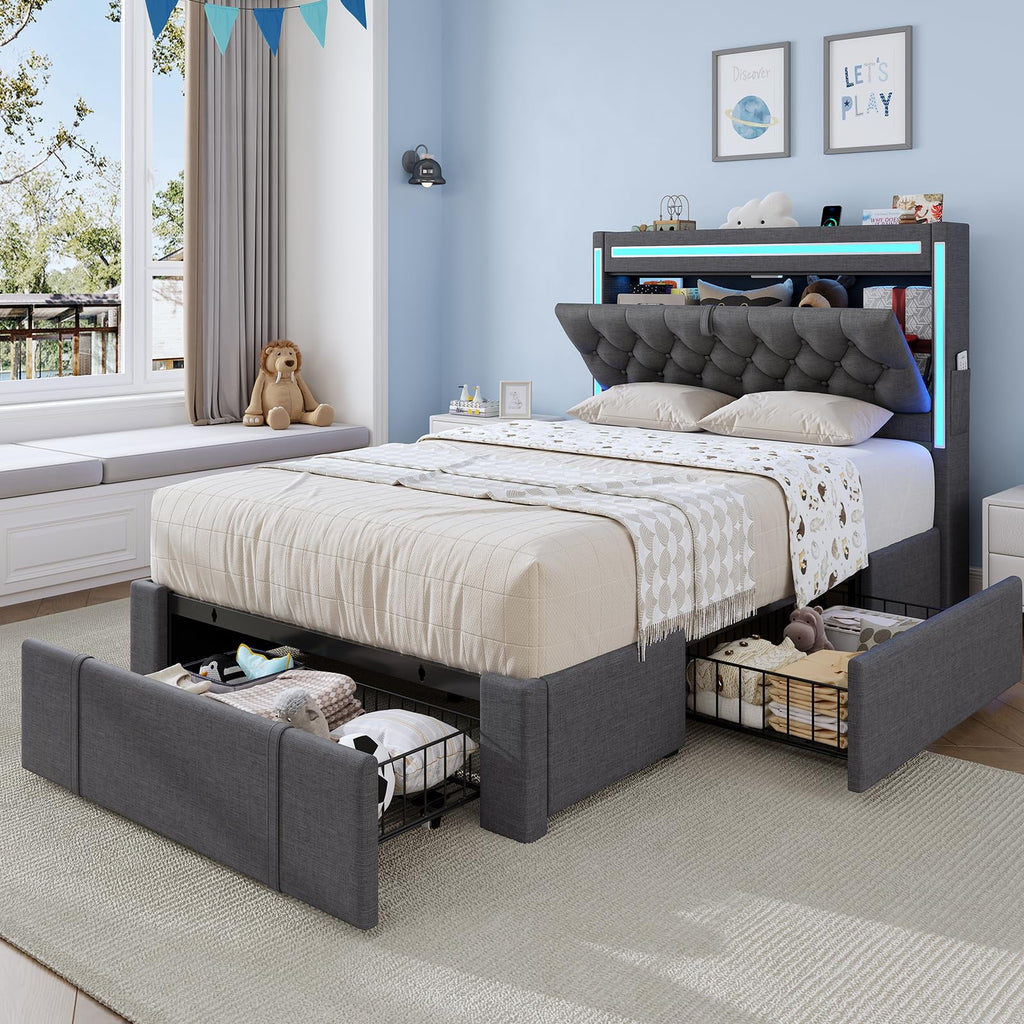Platform Bed Twin Size with Storage Drawers and Headboard,, Twin Size Velvet Upholstered Bed with RGB Lighting and Power Outlet, No Box Spring Needed, Noise-Free, White