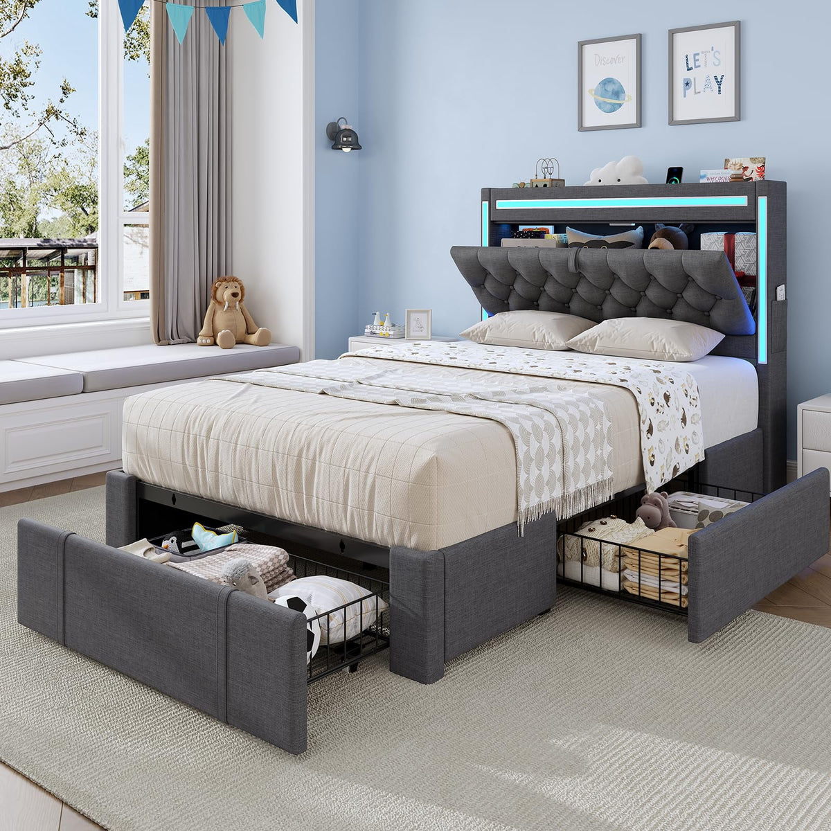 Platform Bed Twin Size with Storage Drawers and Headboard,, Twin Size Velvet Upholstered Bed with RGB Lighting and Power Outlet, No Box Spring Needed, Noise-Free, White
