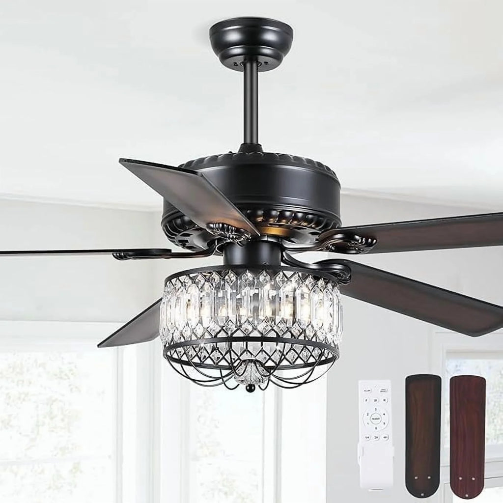 Kviflon 52" Farmhouse Ceiling Fan with Lights & Remote, Crystal Chandelier, Wood Blades, Quiet Motor, 6-Speed, Timer, Modern Lighting for Living Room, Bedroom, Dining Room, Chrome Finish
