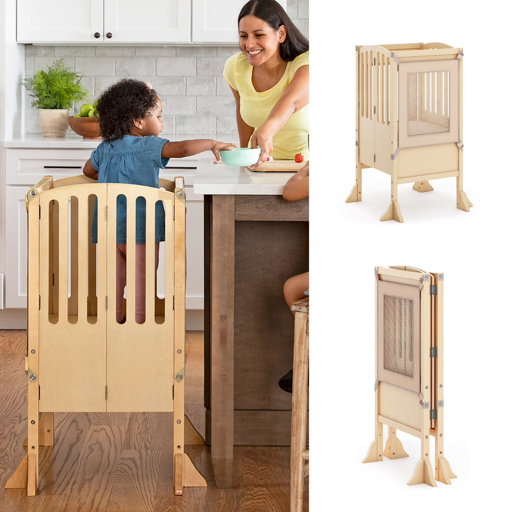 Guidecraft Contemporary Kitchen Helper Step Stool - White: Adjustable, Folding Montessori Toddler Tower - Safety Learning Furniture