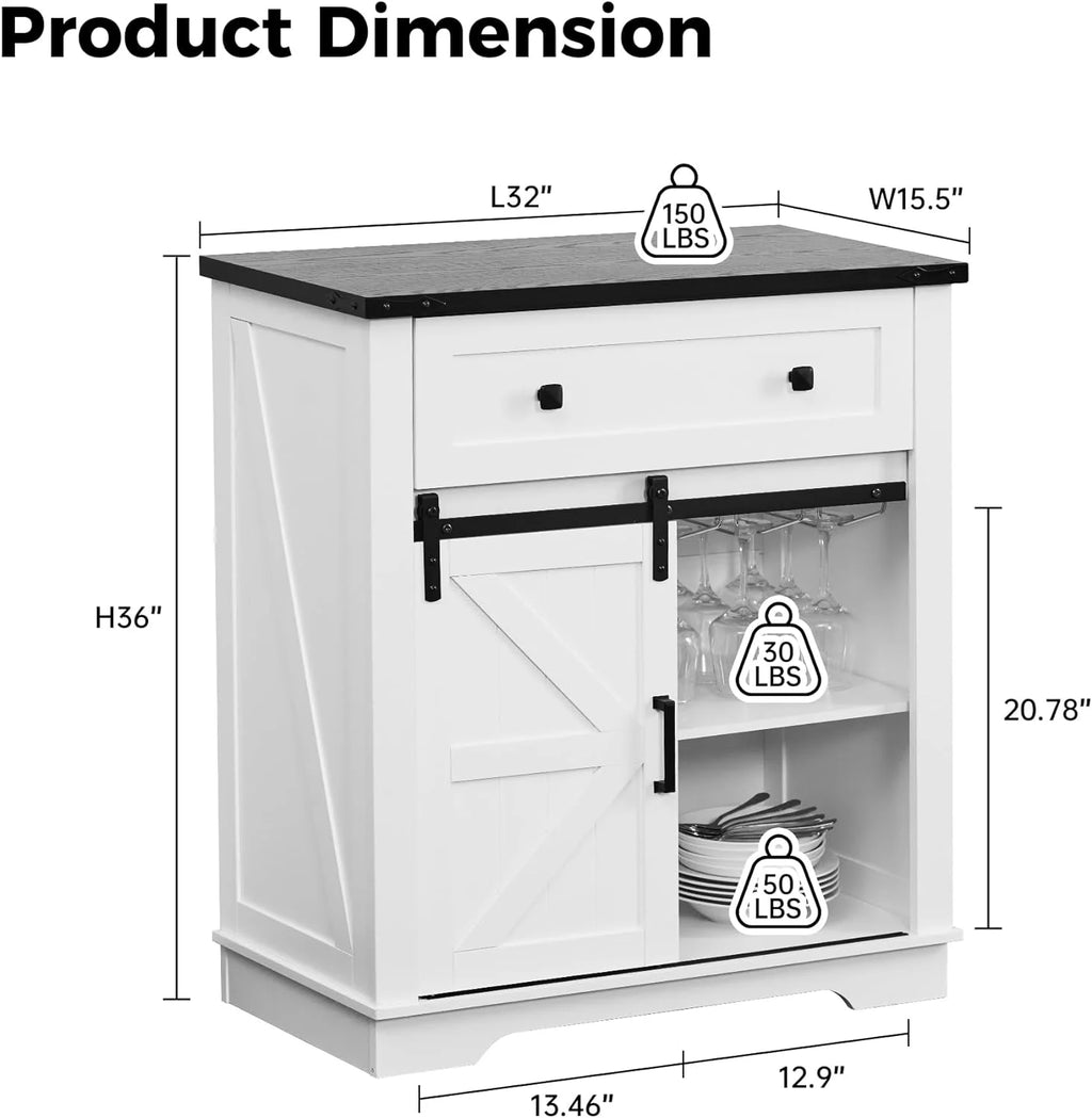 JINSEED Bar Cabinet with Drawer, Wine Bar Buffet Sideboard with Adjustable Storage, White