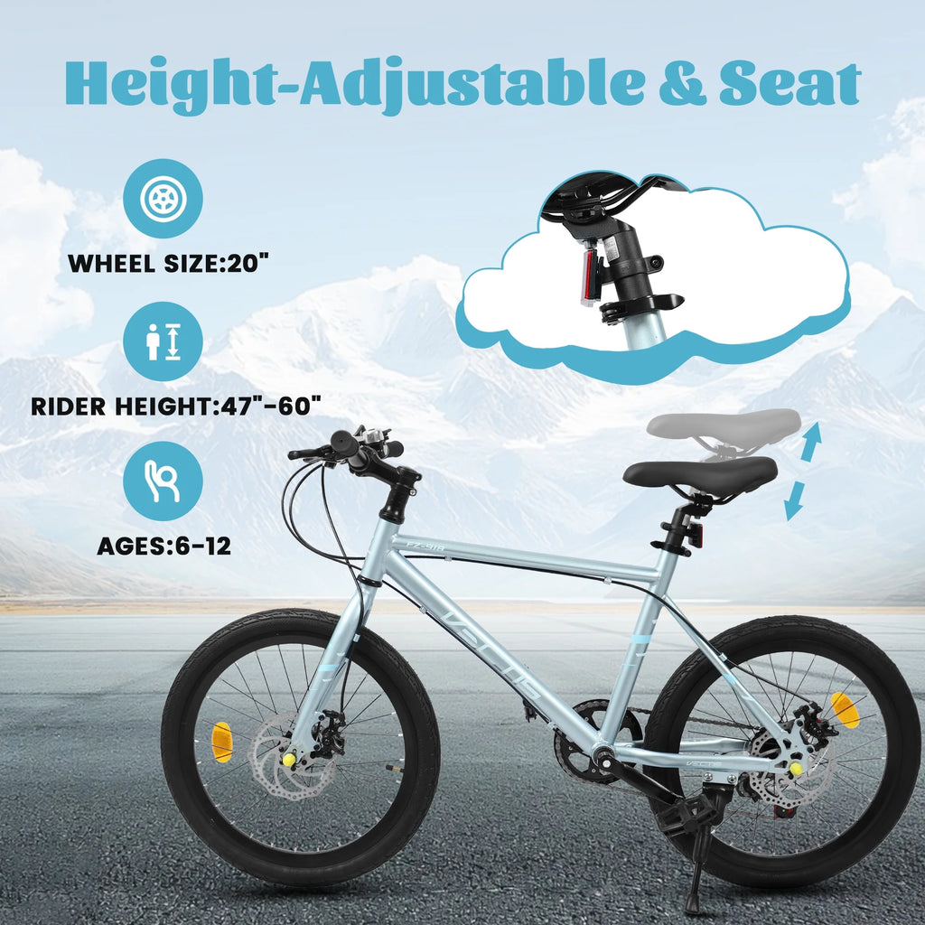 20 Inch Kids Bike for Boys Girls, 7-Speed Children Road Bike with Steel Frame and Dual Disc Brakes, Kids Road Bicycle for Ages 6-12 Years Old Birthday Gift, Silver