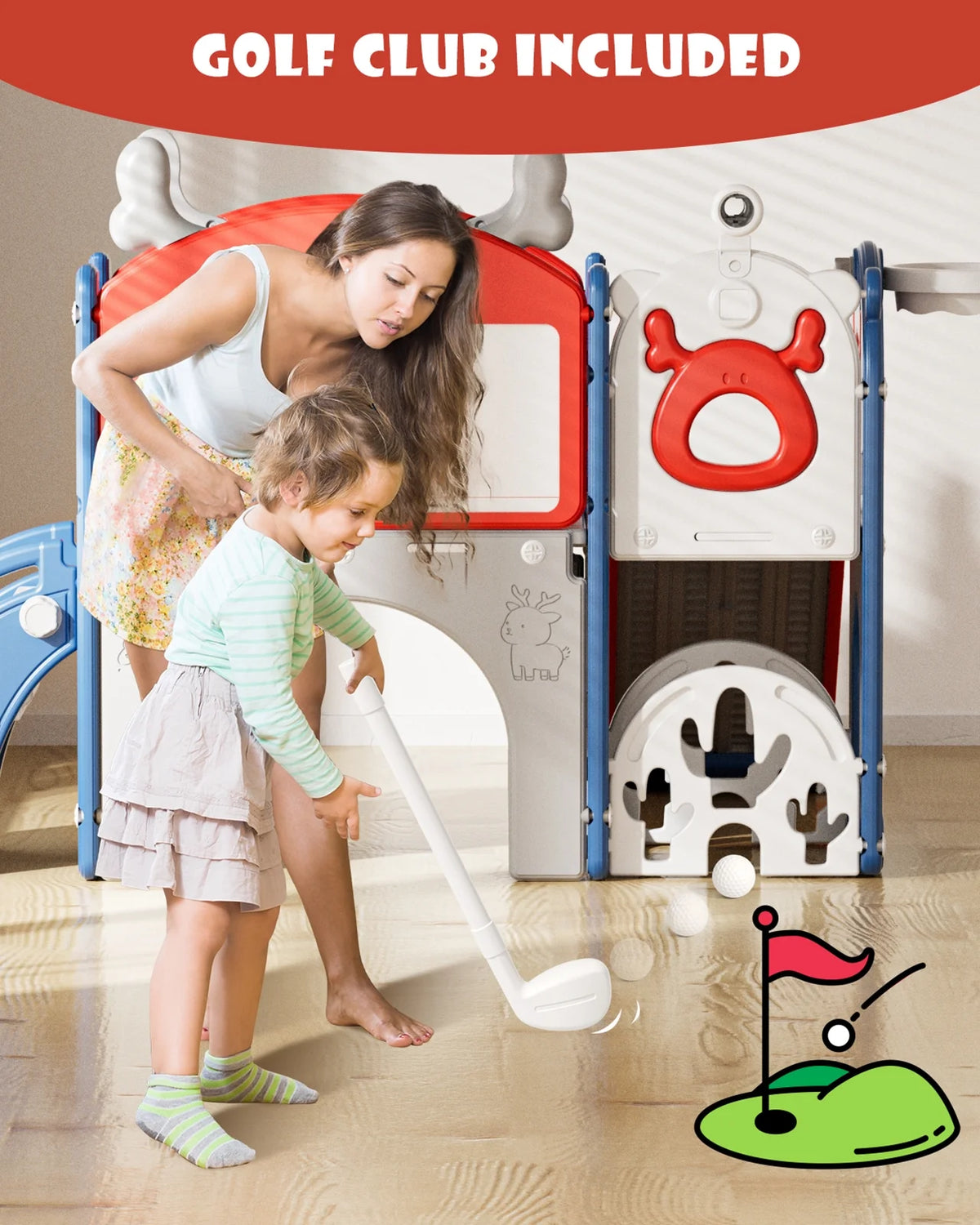 Korimefa 11-in-1 Toddler Slide Set with Golf, Basketball Hoop, Kids Slide for Toddlers Age 1-4, Climber Slip and Slides, Baby Outdoor Toys