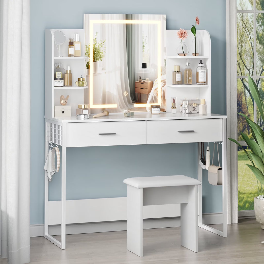 Vanity Desk with Chair, White Makeup Desk Set with Mirror & LED Lights, Vanity Table with Power Strip, 2 Drawers, 4 Shelves