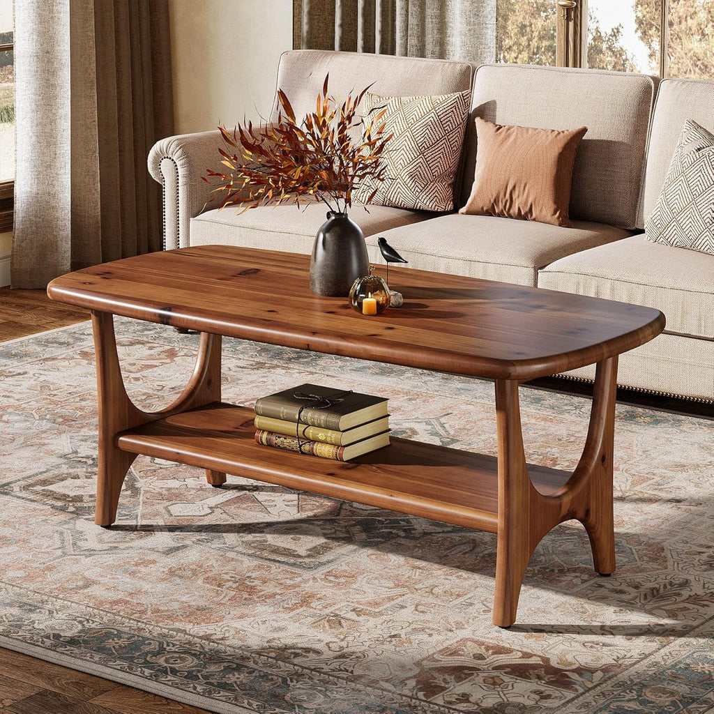 Fimind Solid Wood Coffee Table, 47.24" Mid-Century Modern Rectangle Center Table with 2-Tier Storage Shelf for Living Room, Small Space