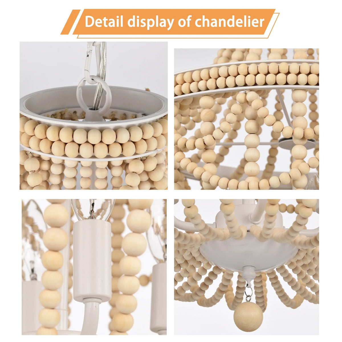 Boho Wood Bead Chandelier 4-Light Rustic Farmhouse Pendant Light for Dining Room or Kitchen Island