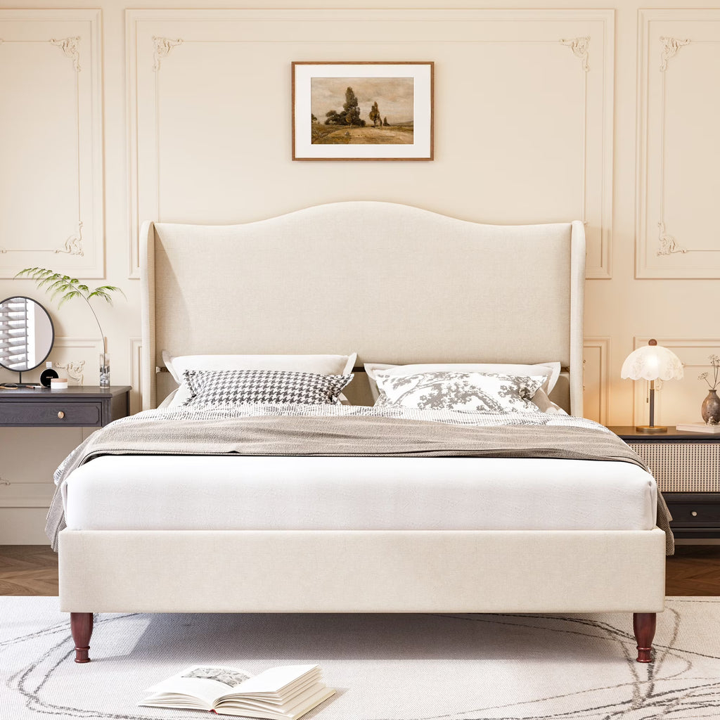 Neche Queen Upholstered Bed Frame with 51" Tall Headboard Classic Curved Wingback Platform Bed with Soft Fabric, Retro Simple Sleigh Bedframe No Box Spring Needed/Easy Assembly, White