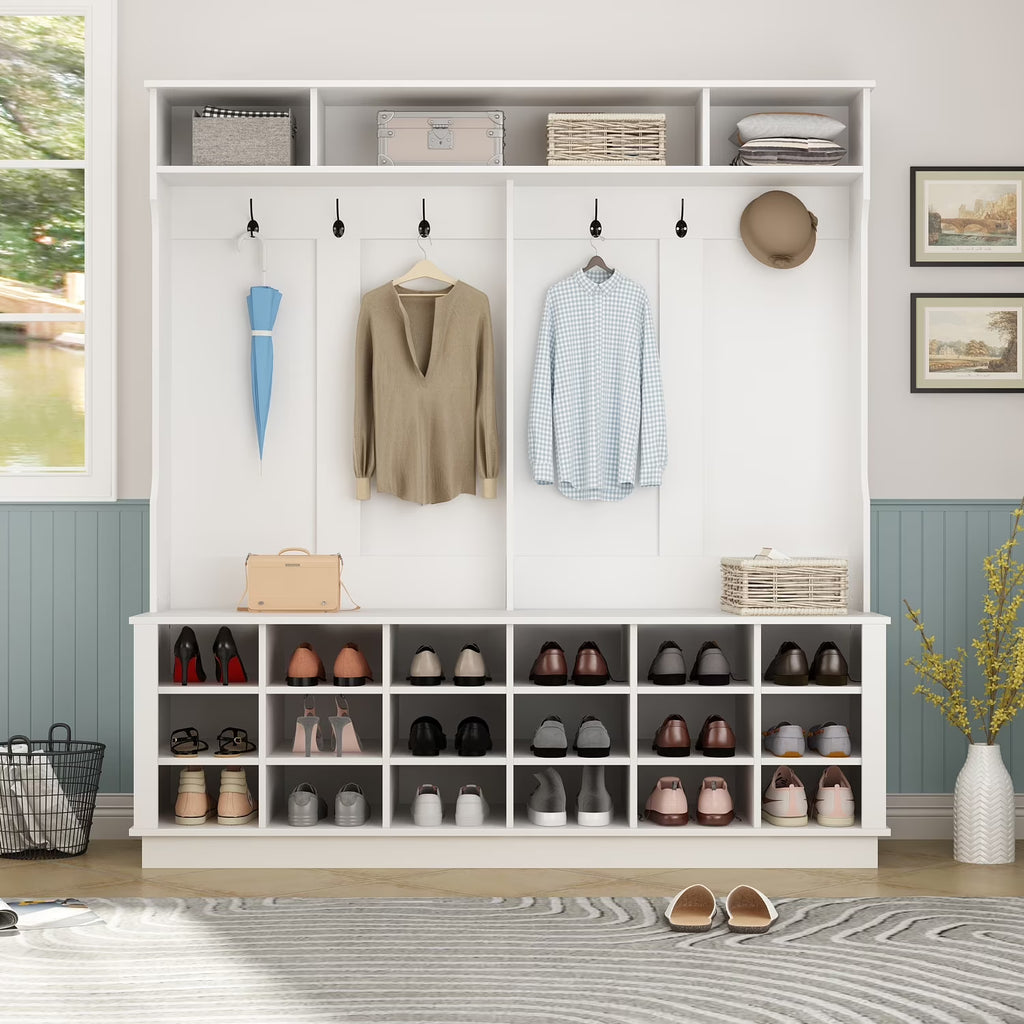 Kerrogee Large Hall Tree for Entryway Coat Rack Shoe Bench with Bottom Storage