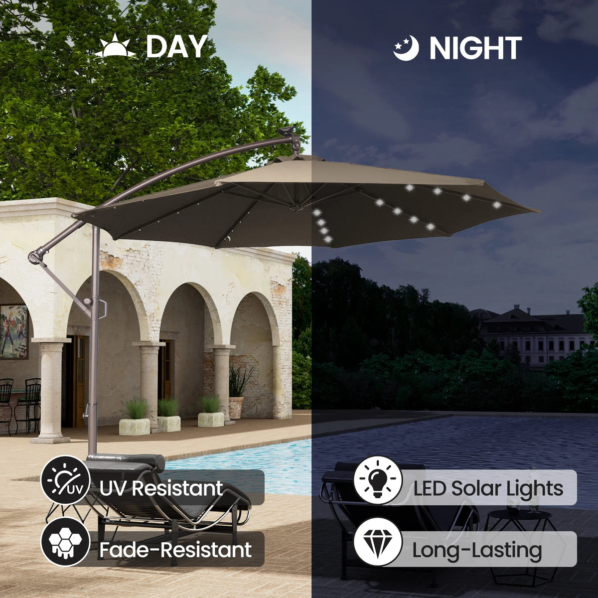 Mondawe 10ft Solar Lights Offset Cantilever Patio Umbrella - with Light, LED Lighted Offset Hanging Patio Outdoor Market Umbrella UPF50+ UV Protection with Crank,Navy Blue