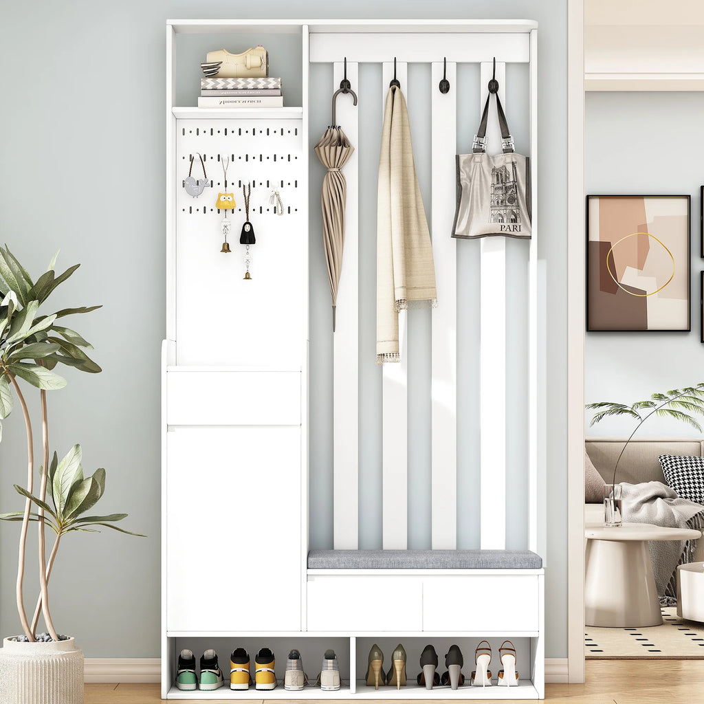 Harper & Bright Designs Farmhouse Hall Tree with Bench and Shoe Storage, Mudroom Bench with Coat Rack and Adjustable Shelves for Hallway, Living Room, White
