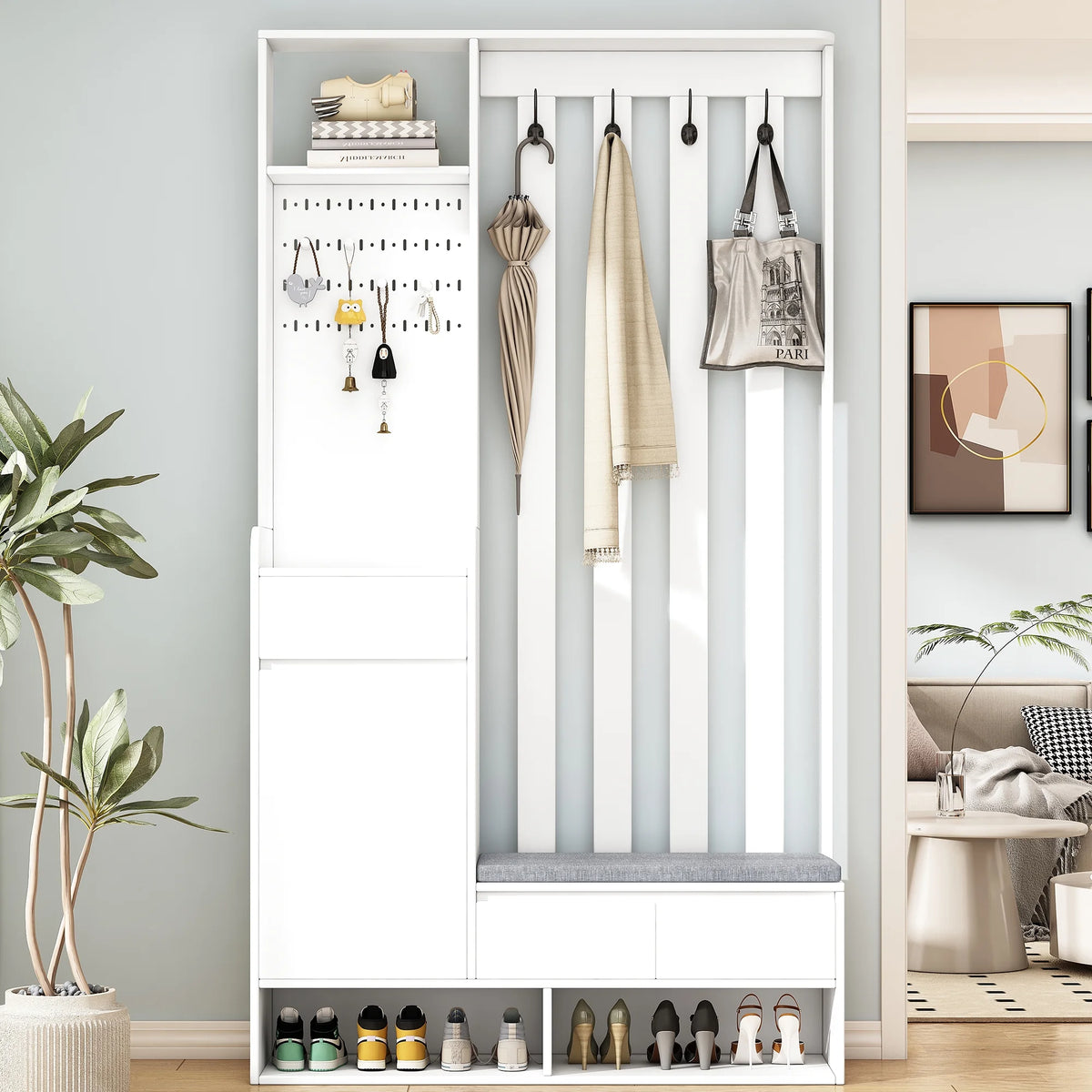 Harper & Bright Designs Farmhouse Hall Tree with Bench and Shoe Storage, Mudroom Bench with Coat Rack and Adjustable Shelves for Hallway, Living Room, White