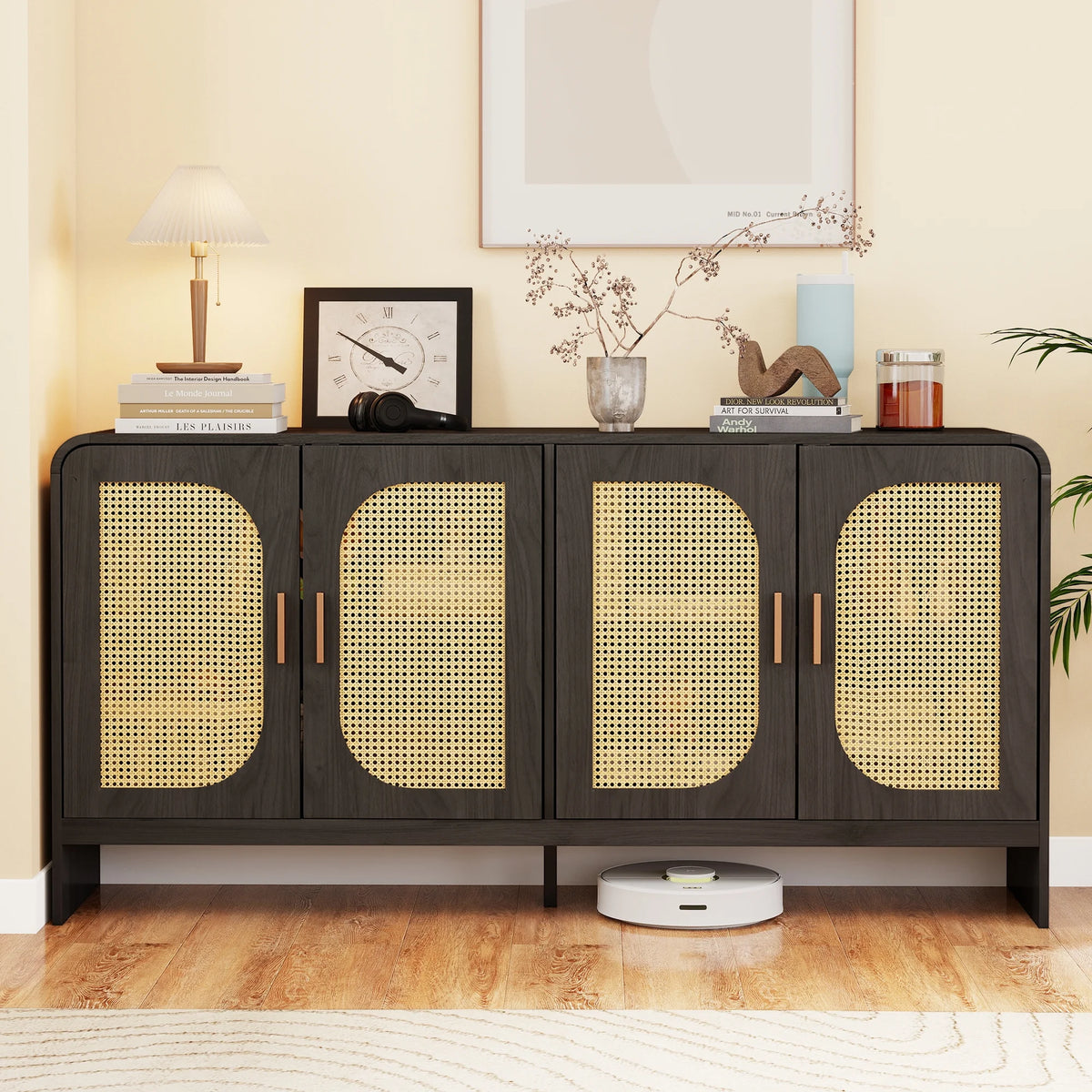 Modern Rattan Sideboard Buffet Cabinet, Kitchen Storage Cabinet, Living Room TV Stand for TVs up to 65", Entertainment Center with Adjustable Shelf, for Dining Living Room Hallway, White