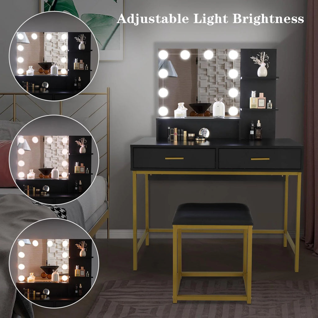 Ktaxon Lighted Makeup Vanity, White Vanity Table Set with 2 Drawer and Charging Station, Femal Gift