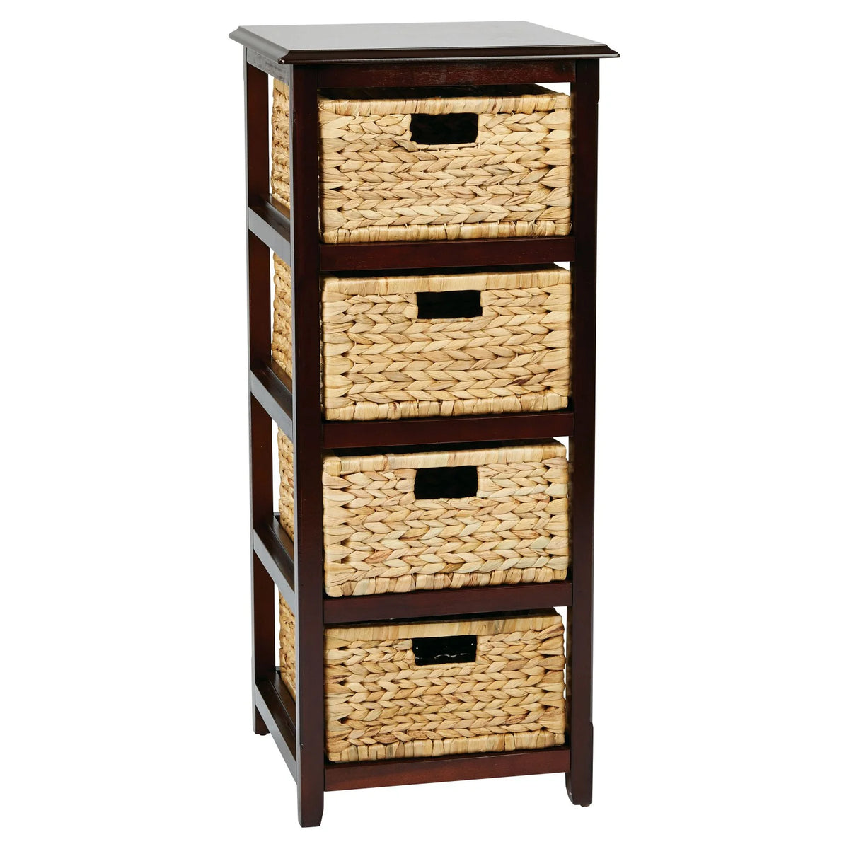 OSP Home Furnishings Seabrook Four-Tier Storage Unit With Espresso Finish and Natural Baskets