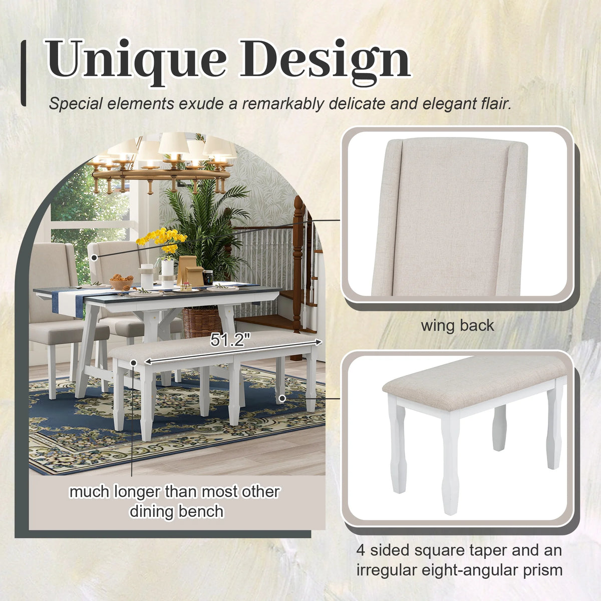 6 Piece Extendable Dining Table Set, Atumon Wood Dining Room Set for 6, Dining Table Set with 4 Beige Cushioned Chairs and Bench, Farmhouse Dining Table Set Furniture for Kitchen Dining Room, Natural