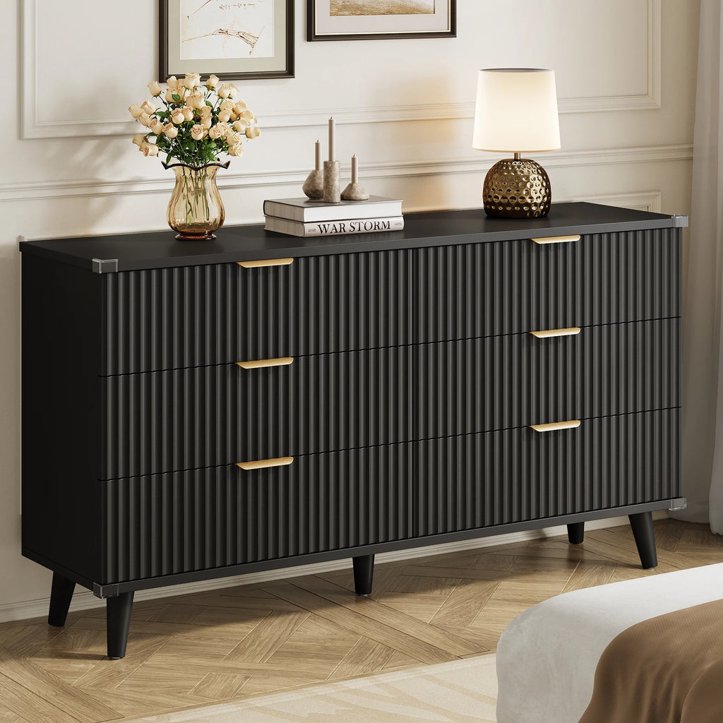 GIKPAL Bedroom Dresser and Nightstand 3 Piece Set - Includes Boho Double 6 Drawer Storage Dresser, Nightstand Set of 2 with Charging Station, Modern Bedroom Set, Natural