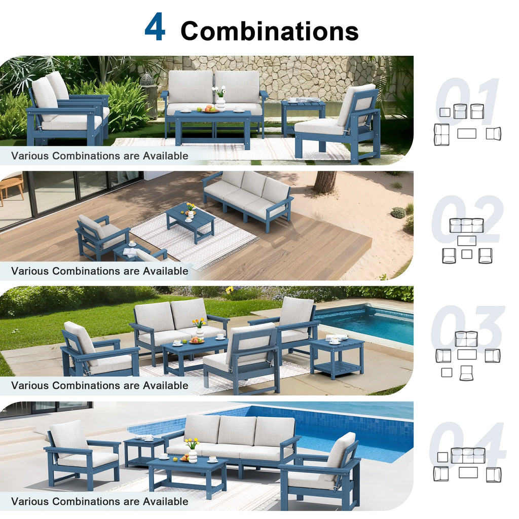 SERWALL Outdoor Patio Furniture Set, 7-Piece HDPE Outdoor Sofa Set Patio Conversation Set, Black Frame with Beige Cushions