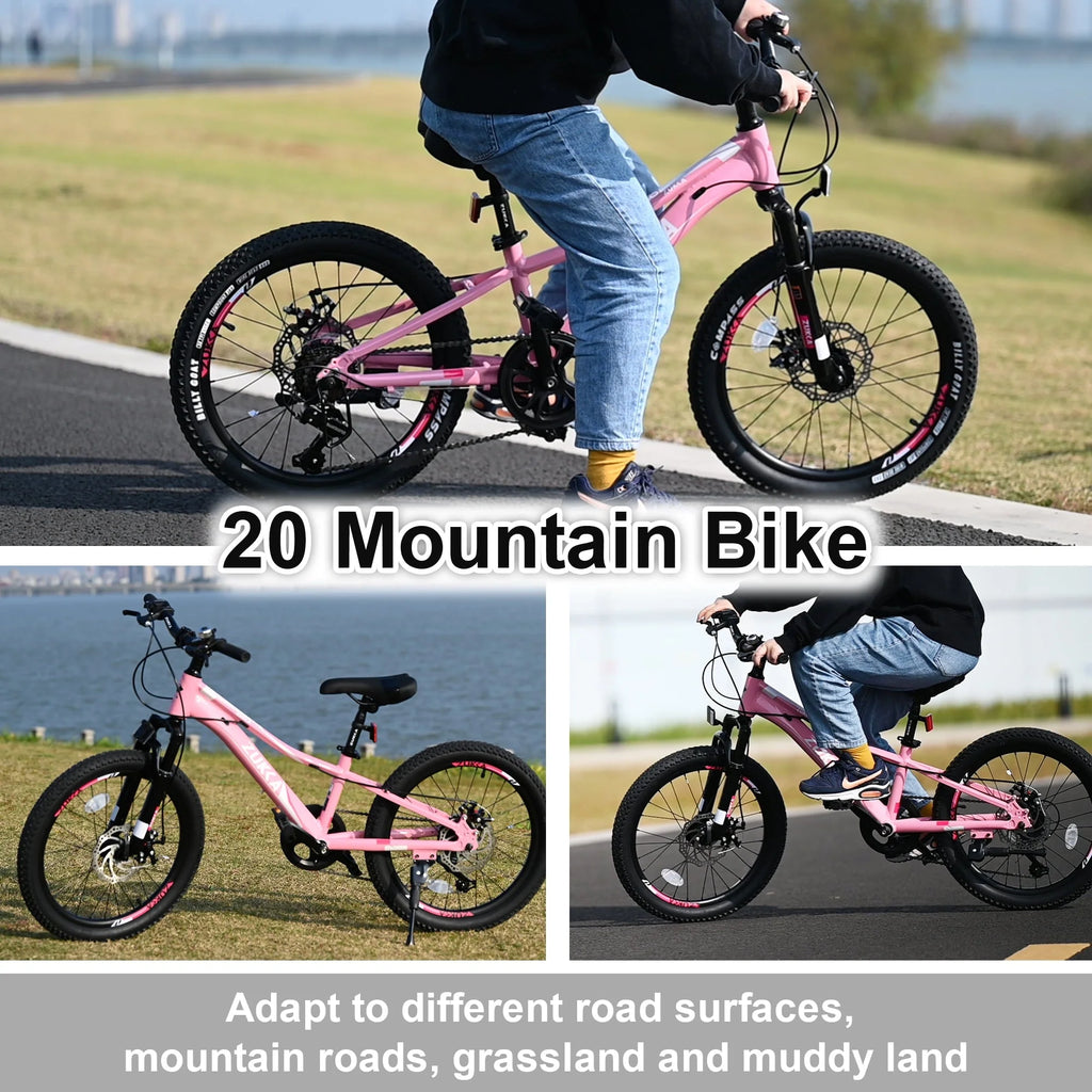 iYofe 20 Inch Kids Mountain Bikes for Girls and Boys, Shimano 7-Speed Mountain Bike, Pink