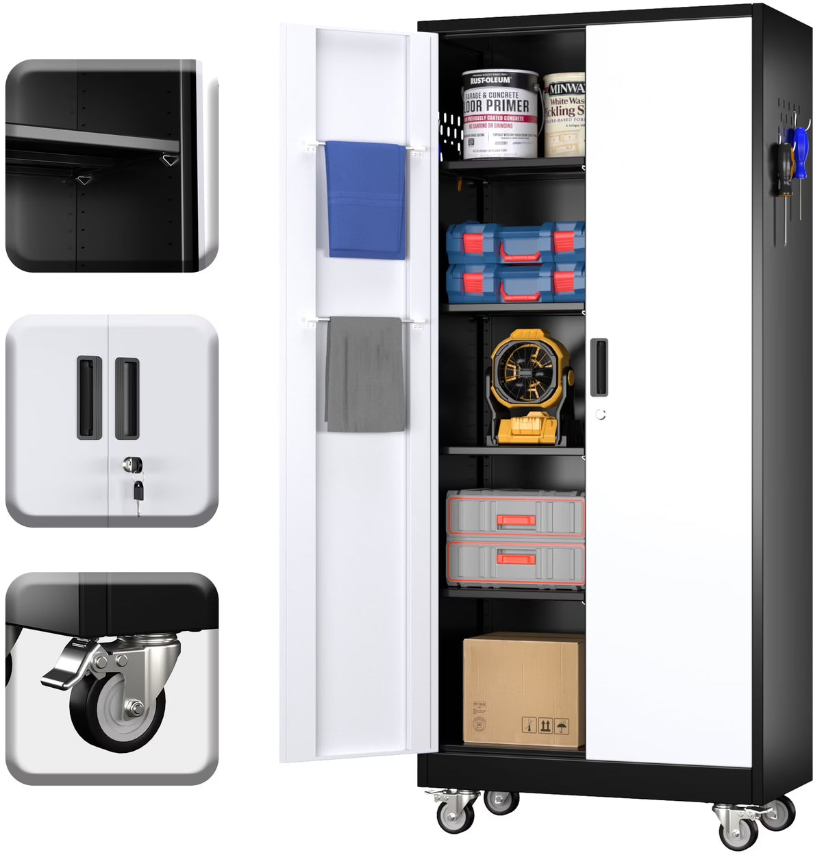 SUPEER 71" Metal Storage Cabinets with Wheels and Pegboards, Industrial Cabinet with 2 Drawers and 2 Adjustable Shelves,, Assembly Required
